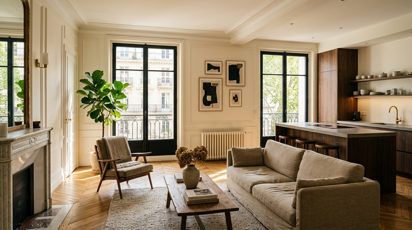 Salon et cuisine rénovés dans un appartement des années 1930 dans les Hauts-de-Seine