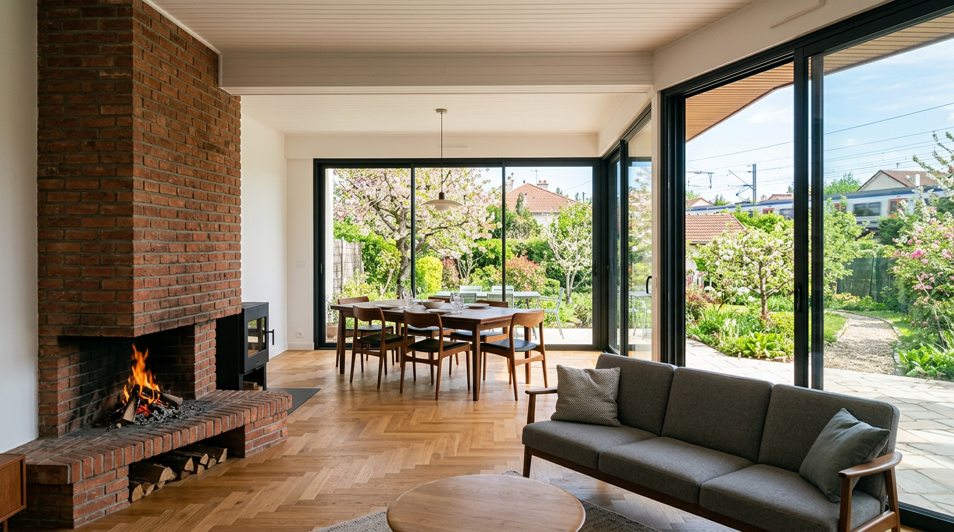 Séjour-salle à manger rénové dans un pavillon de Saint-Michel-sur-Orge, parquet et jardin