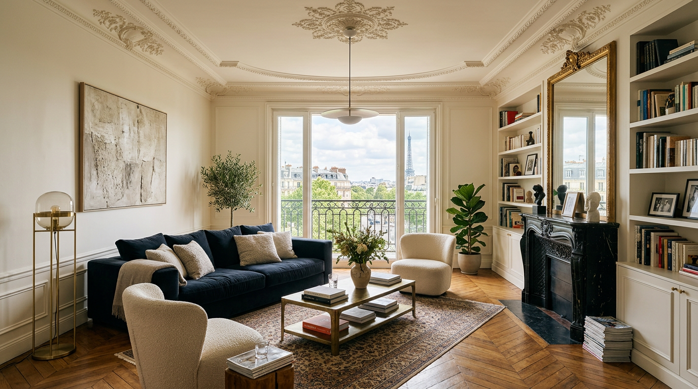 Grand salon haussmannien rénové à Neuilly-sur-Seine, moulures et parquet