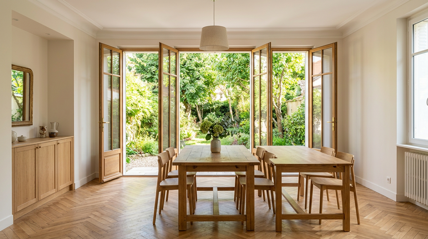 Salle à manger rénovée dans une maison de cité-jardin à Châtenay-Malabry, portes-fenêtres sur jardin