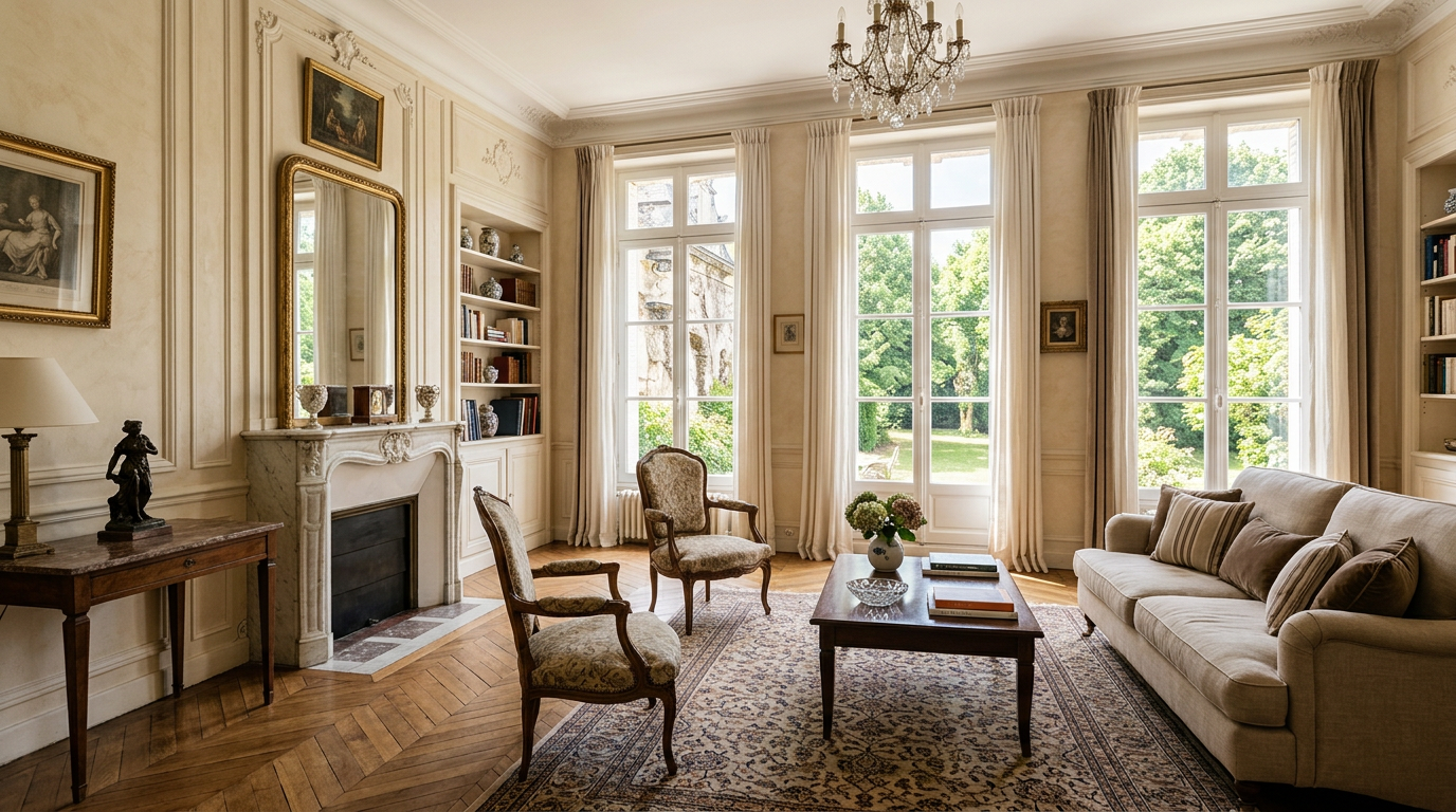 Séjour rénové dans une villa à Garches, parquet à bâtons rompus et hautes fenêtres