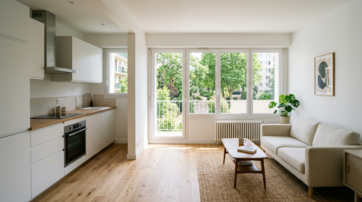 Séjour rénové dans un appartement d'ensemble à La Courneuve, vue sur arbres