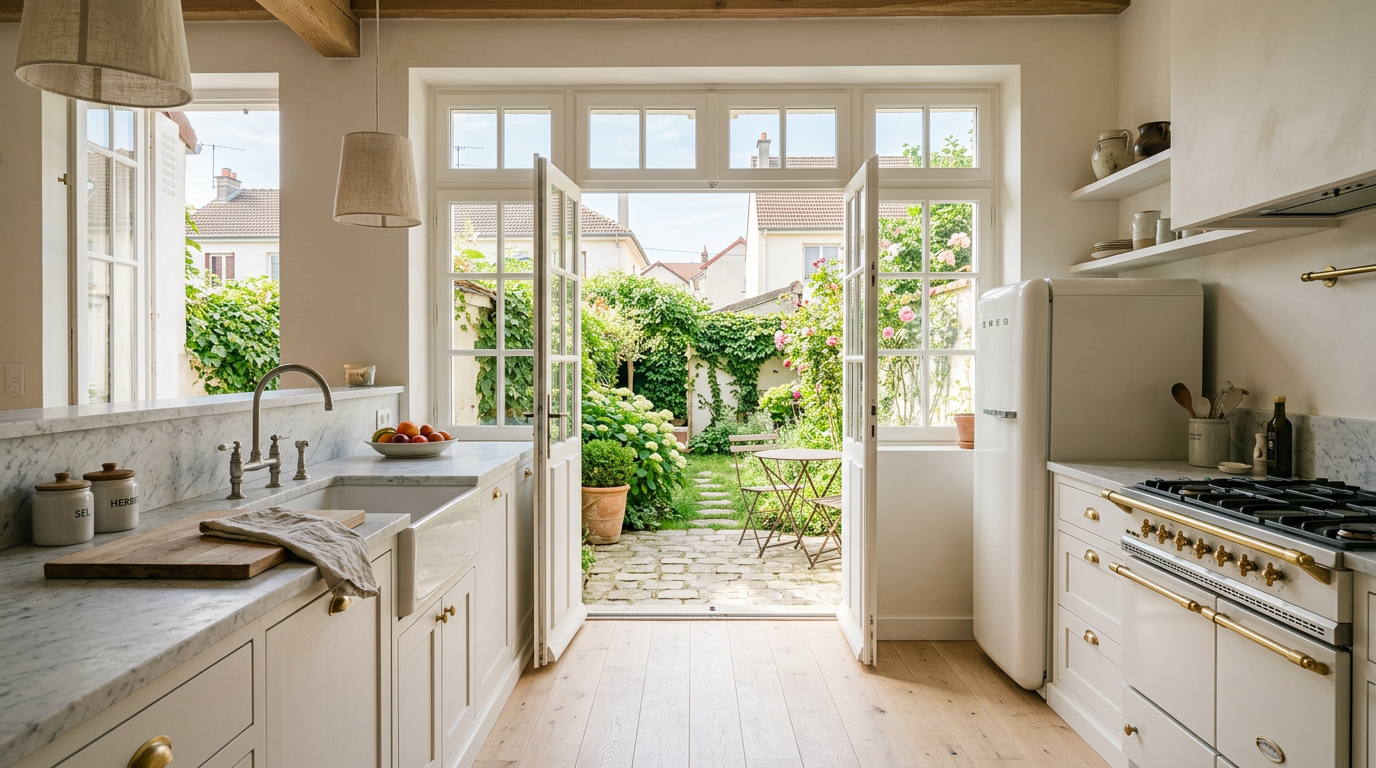 Cuisine de maison rénovée ouvrant sur un jardin à Maisons-Alfort