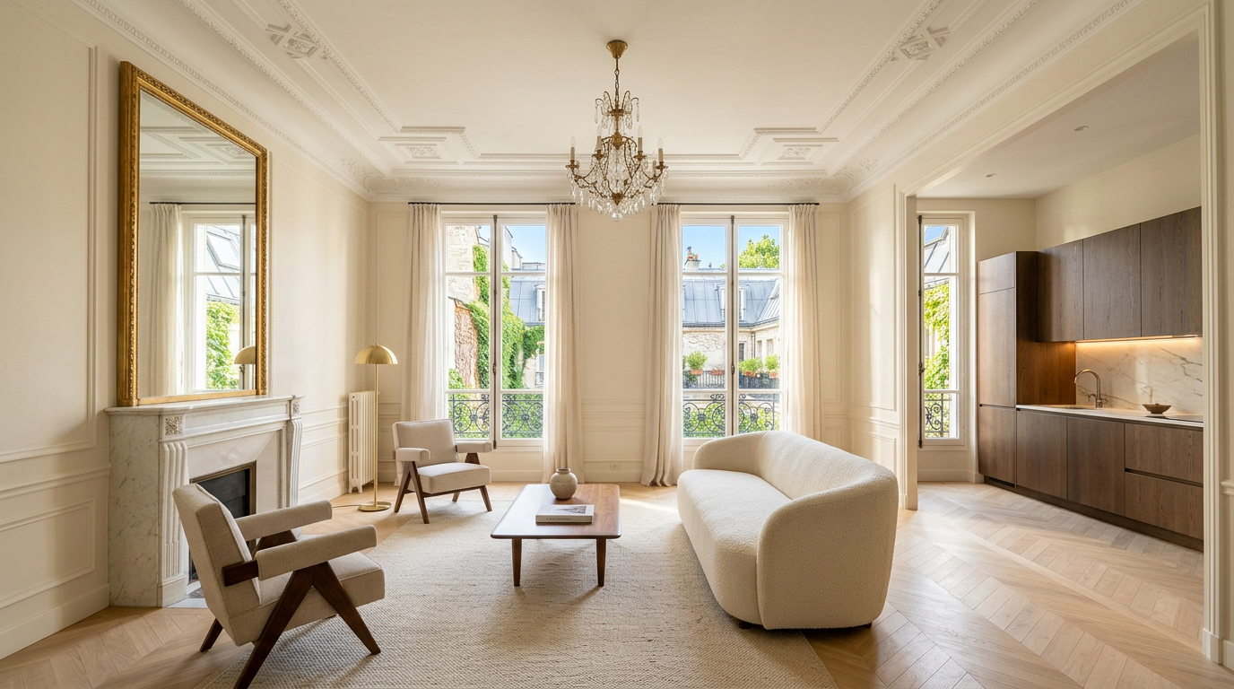 Salon rénové d'un appartement haussmannien à Paris 16e, Passy