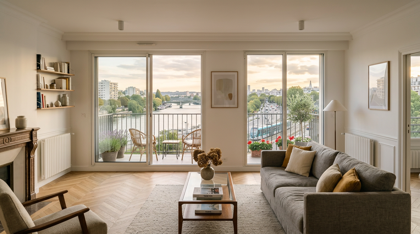 Séjour rénové dans une copropriété de Villeneuve-la-Garenne, Seine visible du balcon