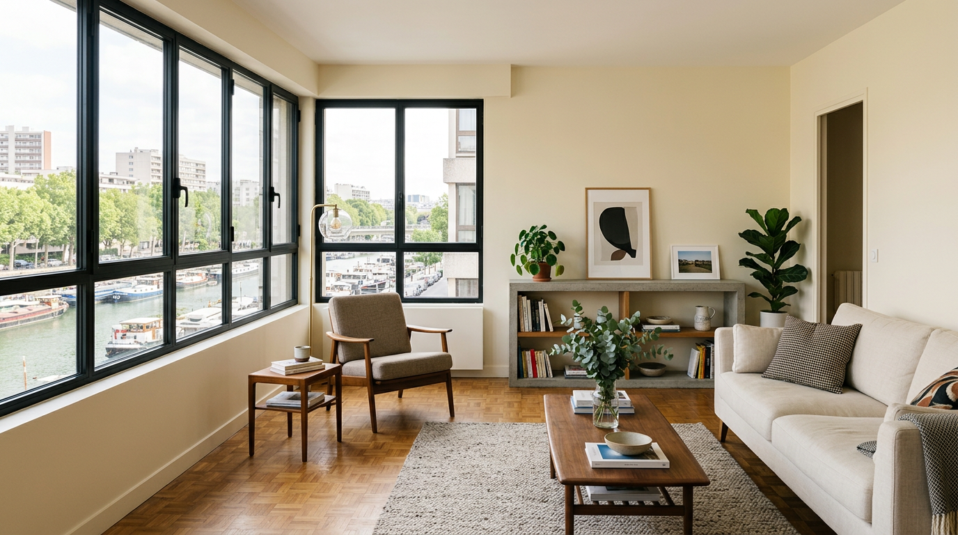 Séjour rénové dans un appartement près du port à Bonneuil-sur-Marne, parquet et grandes fenêtres