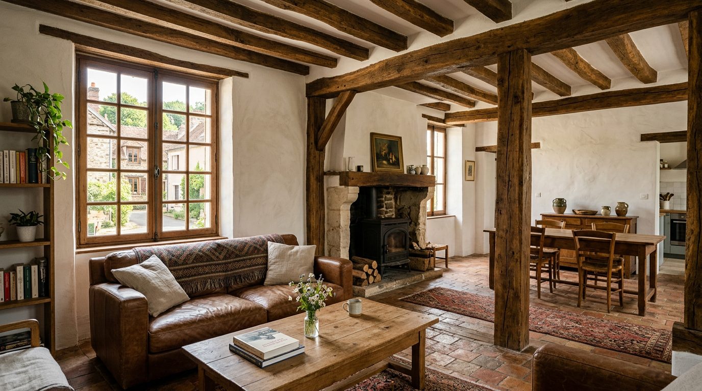 Intérieur de maison de village rénové à Villiers-le-Bel, murs clairs et poutres