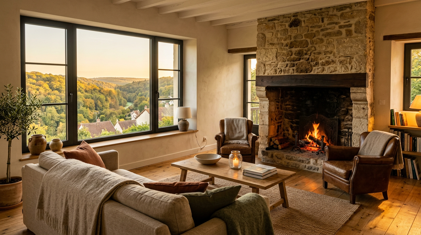 Séjour rénové dans une maison de coteau à Montmorency, parquet et vue sur la forêt