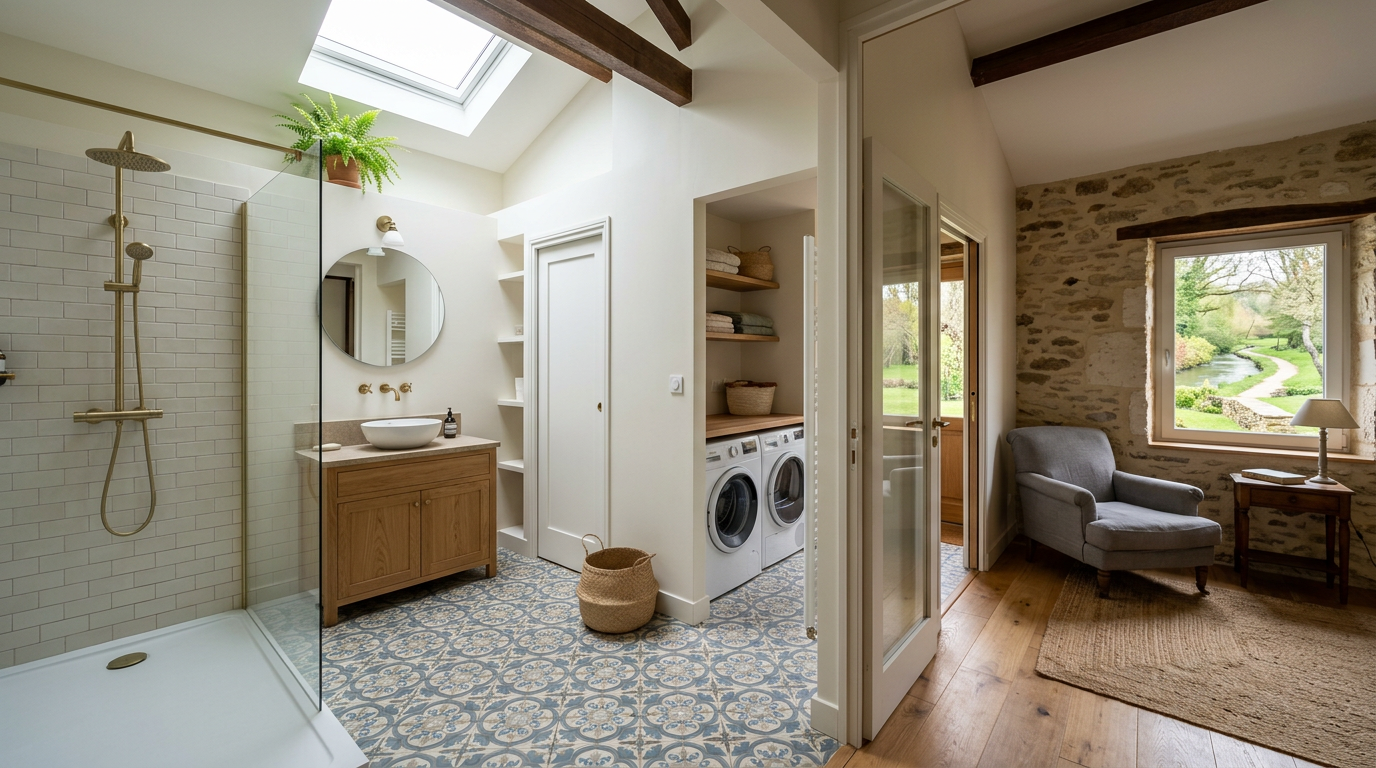 Salle d'eau rénovée ouvrant sur un séjour dans une maison mixte à Athis-Mons