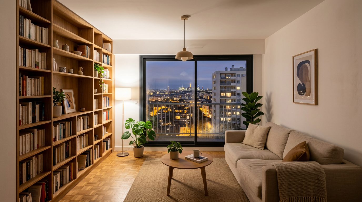 Séjour rénové dans une copropriété des années 1970 à Bagnolet, parquet et balcon