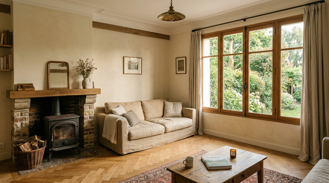 Salon de pavillon rénové à Villiers-sur-Marne, parquet et fenêtre sur jardin