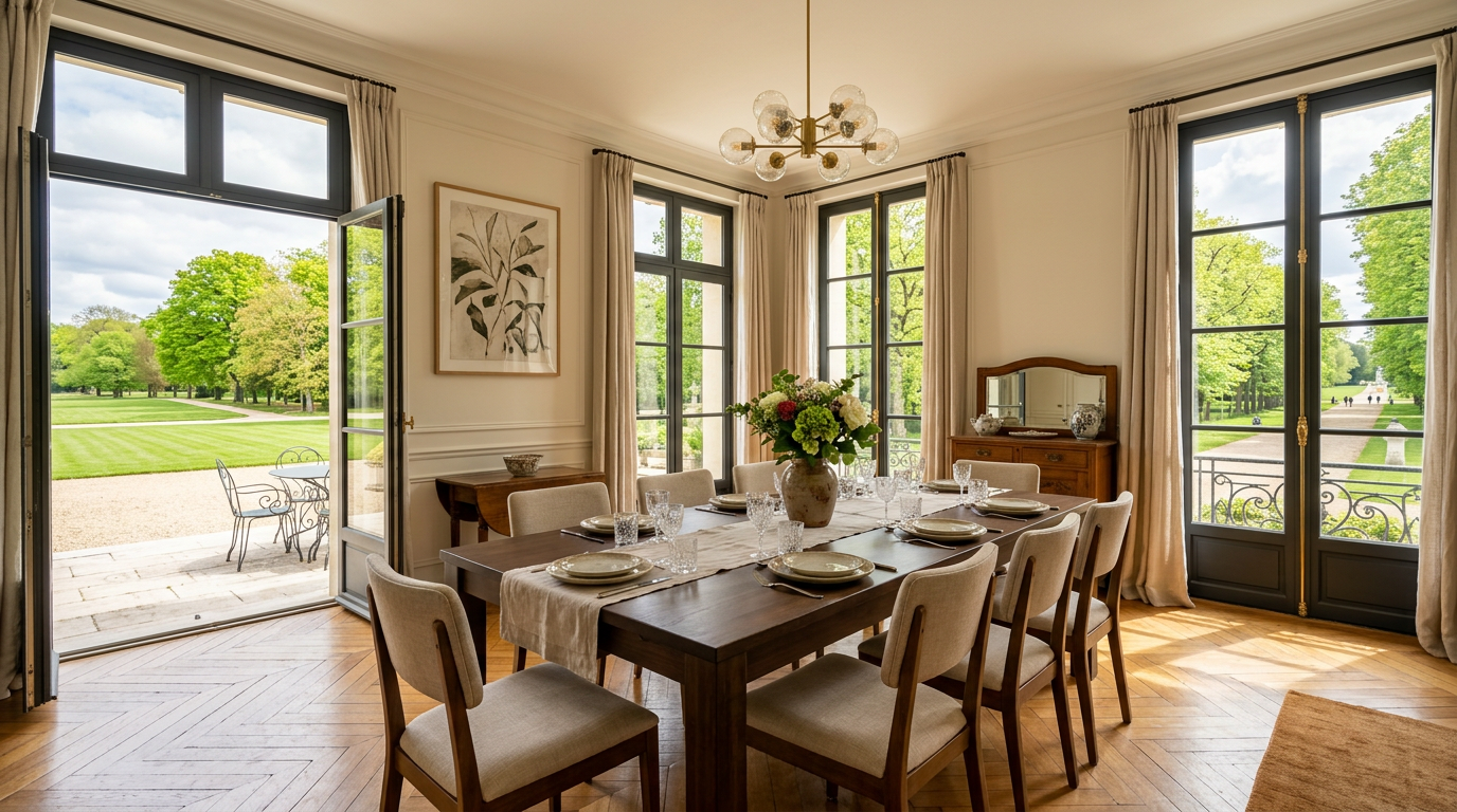 Salle à manger rénovée dans une maison de Sceaux, arbres du parc visibles par les fenêtres
