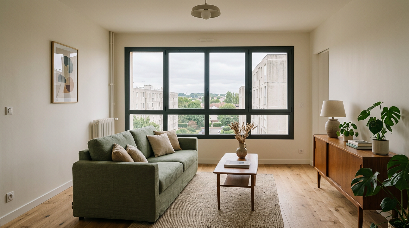 Séjour rénové dans un immeuble populaire de Villeneuve-Saint-Georges, parquet et fenêtres acoustiques