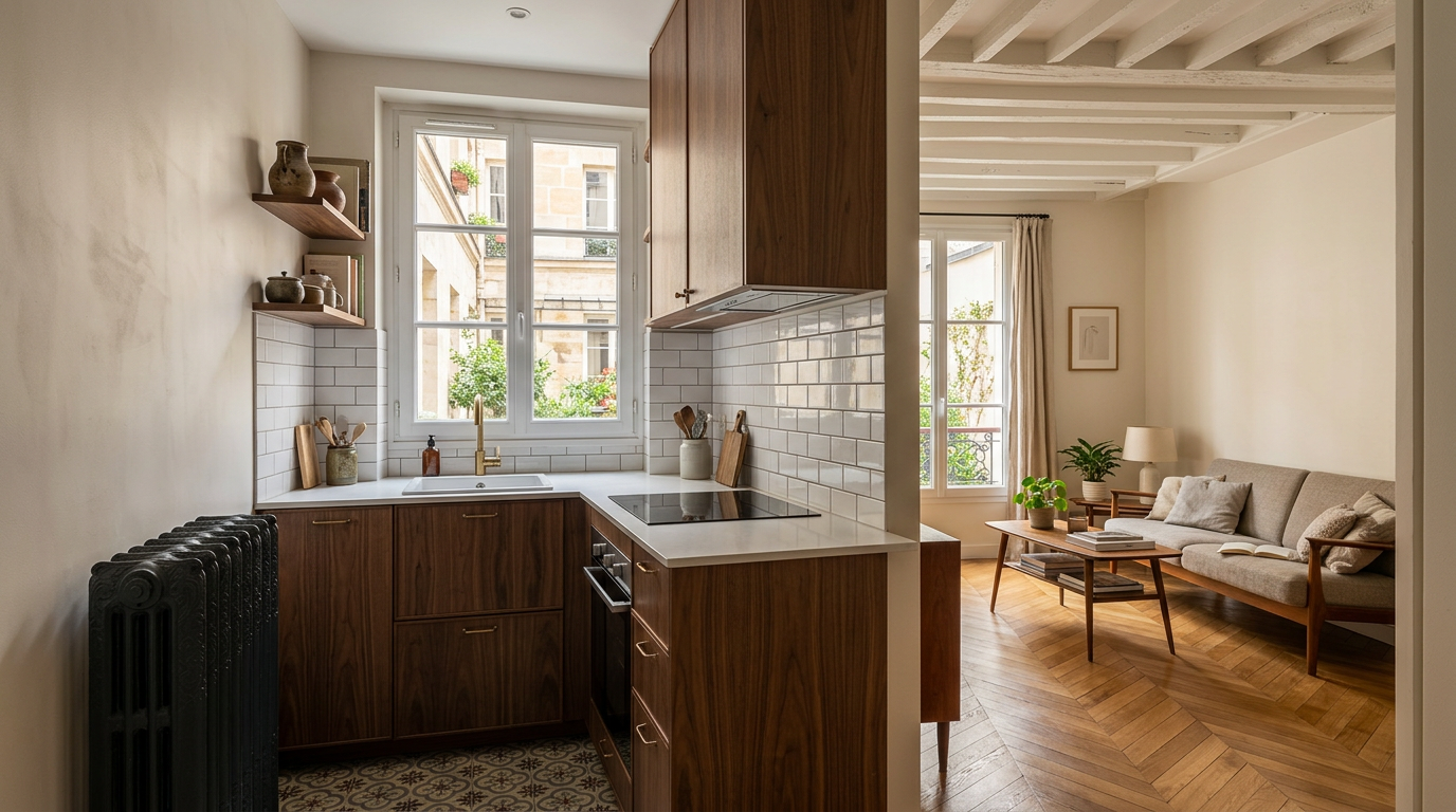 Cuisine en galerie rénovée dans un appartement dense de Montrouge