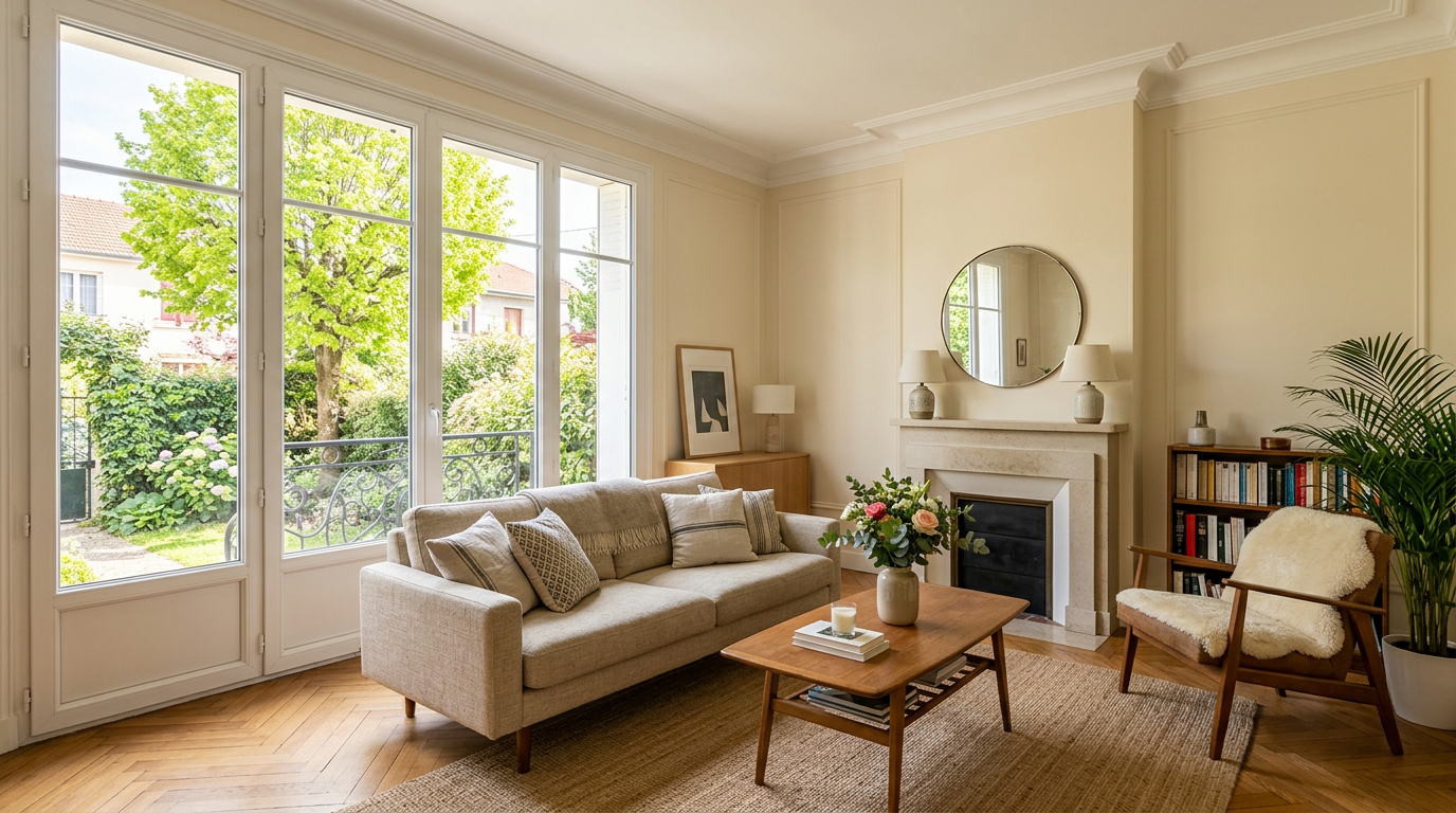 Séjour rénové dans un pavillon de Neuilly-Plaisance, parquet et jardin