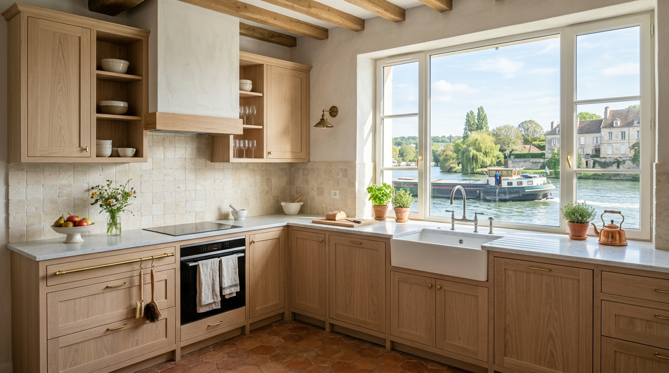 Cuisine rénovée dans une maison de rive à Verneuil-sur-Seine, fenêtre sur la Seine