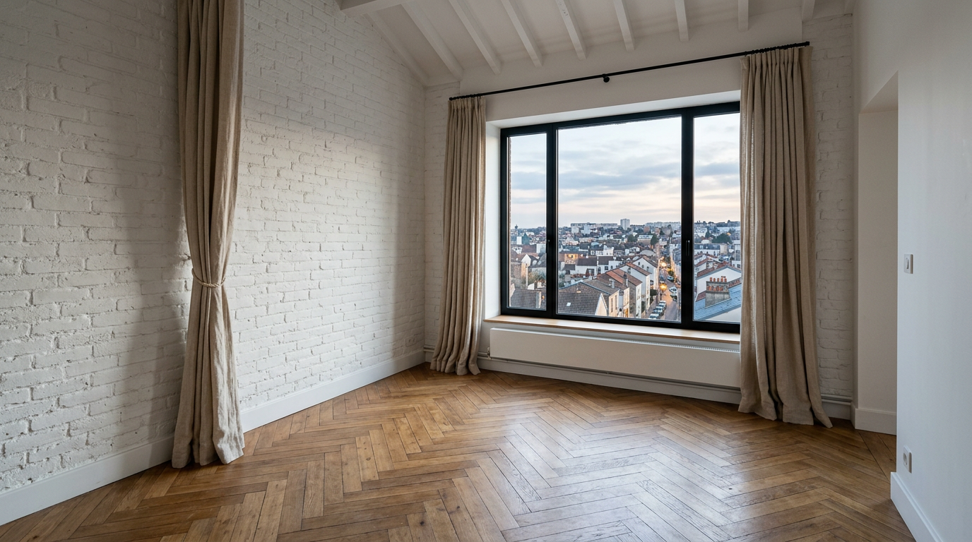 Salon rénové dans une maison brique de coteau à Montmagny, parquet et fenêtre sur toits du nord parisien