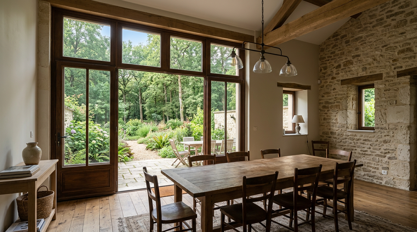 Salle à manger rénovée à Taverny, jardin en lisière de forêt de Montmorency