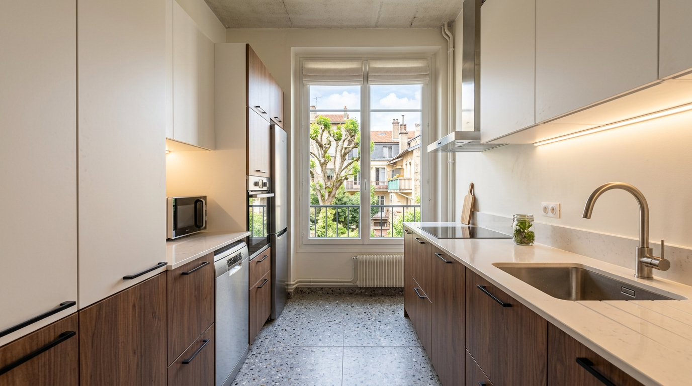 Cuisine en couloir rénovée dans un appartement des années 1960 à Franconville