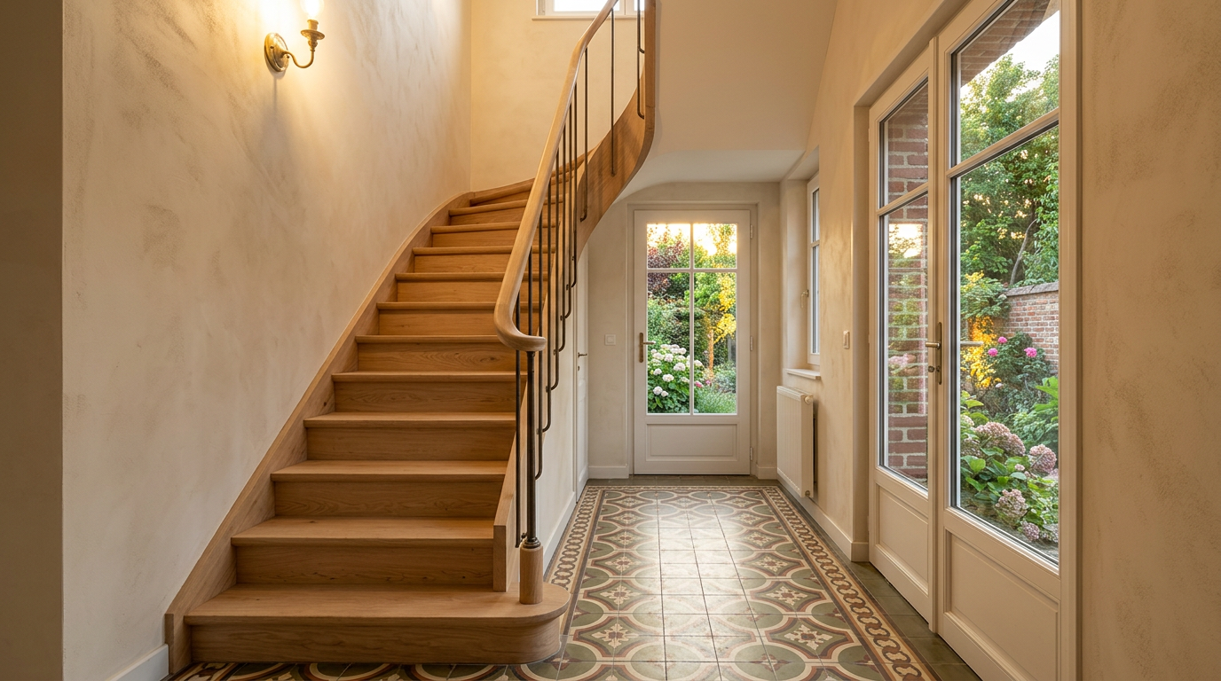 Hall et escalier rénovés dans une maison de cité-jardin à Stains