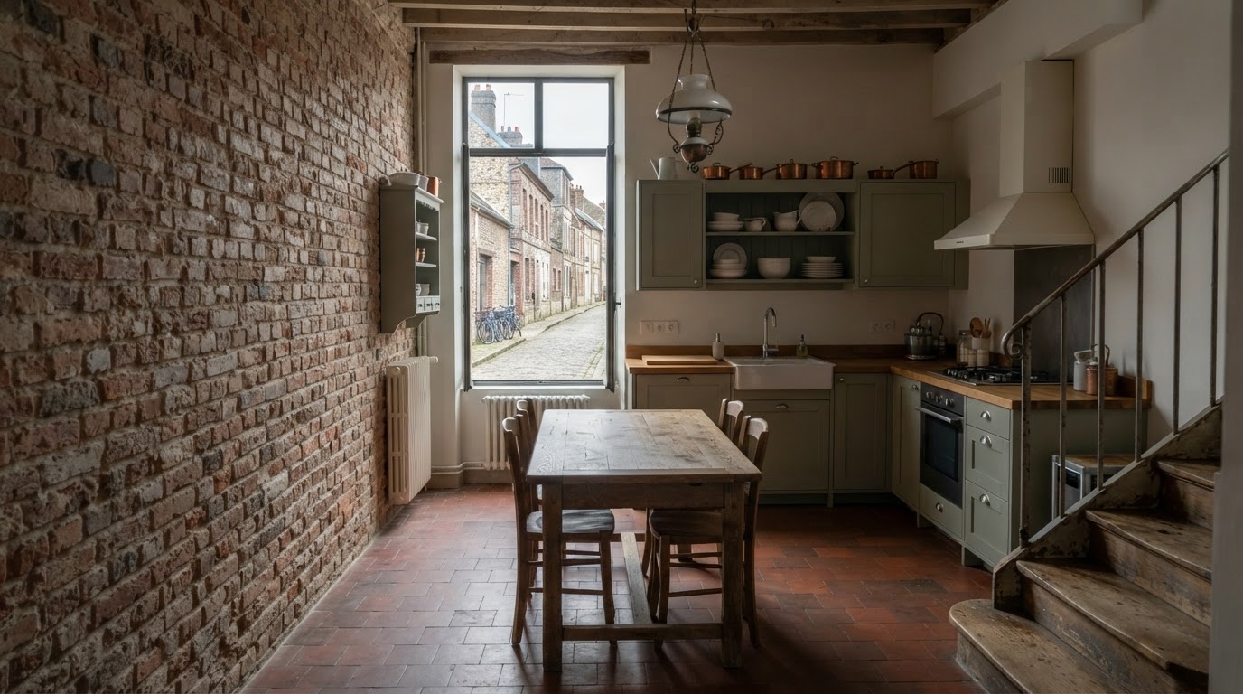 Cuisine-salle à manger rénovée dans une maison brique de Persan, près de la gare et de l'Oise