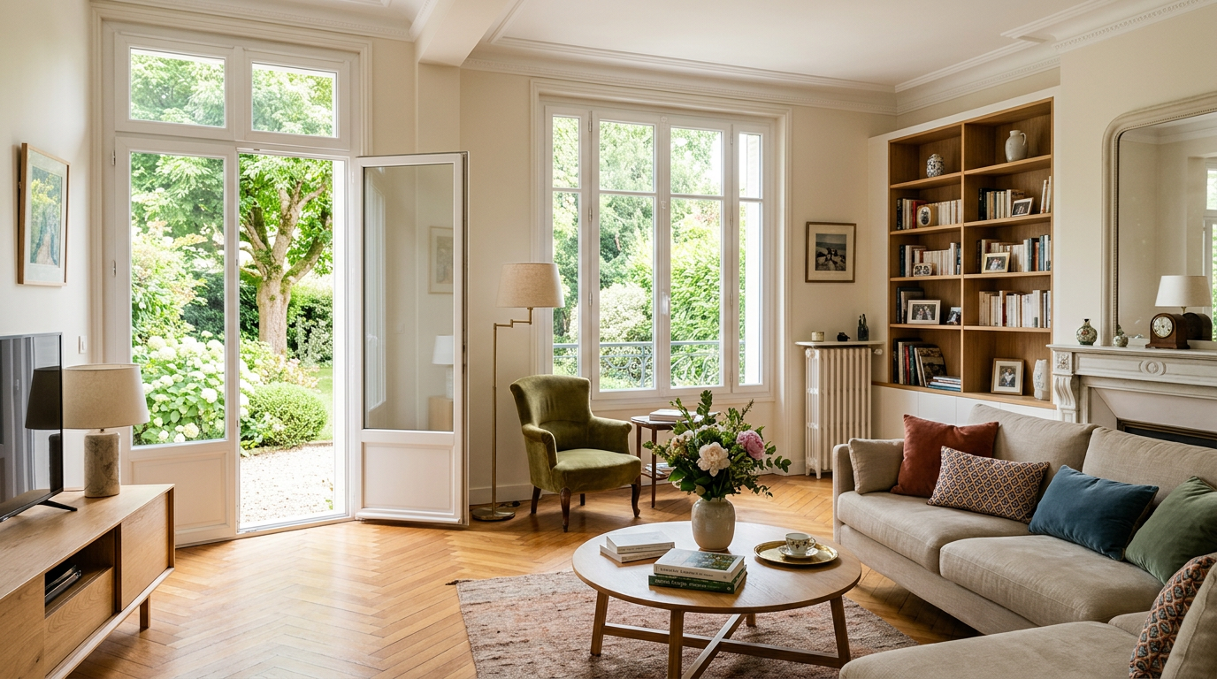 Séjour rénové dans une maison de Rueil-Malmaison, lumière de jardin par les portes-fenêtres
