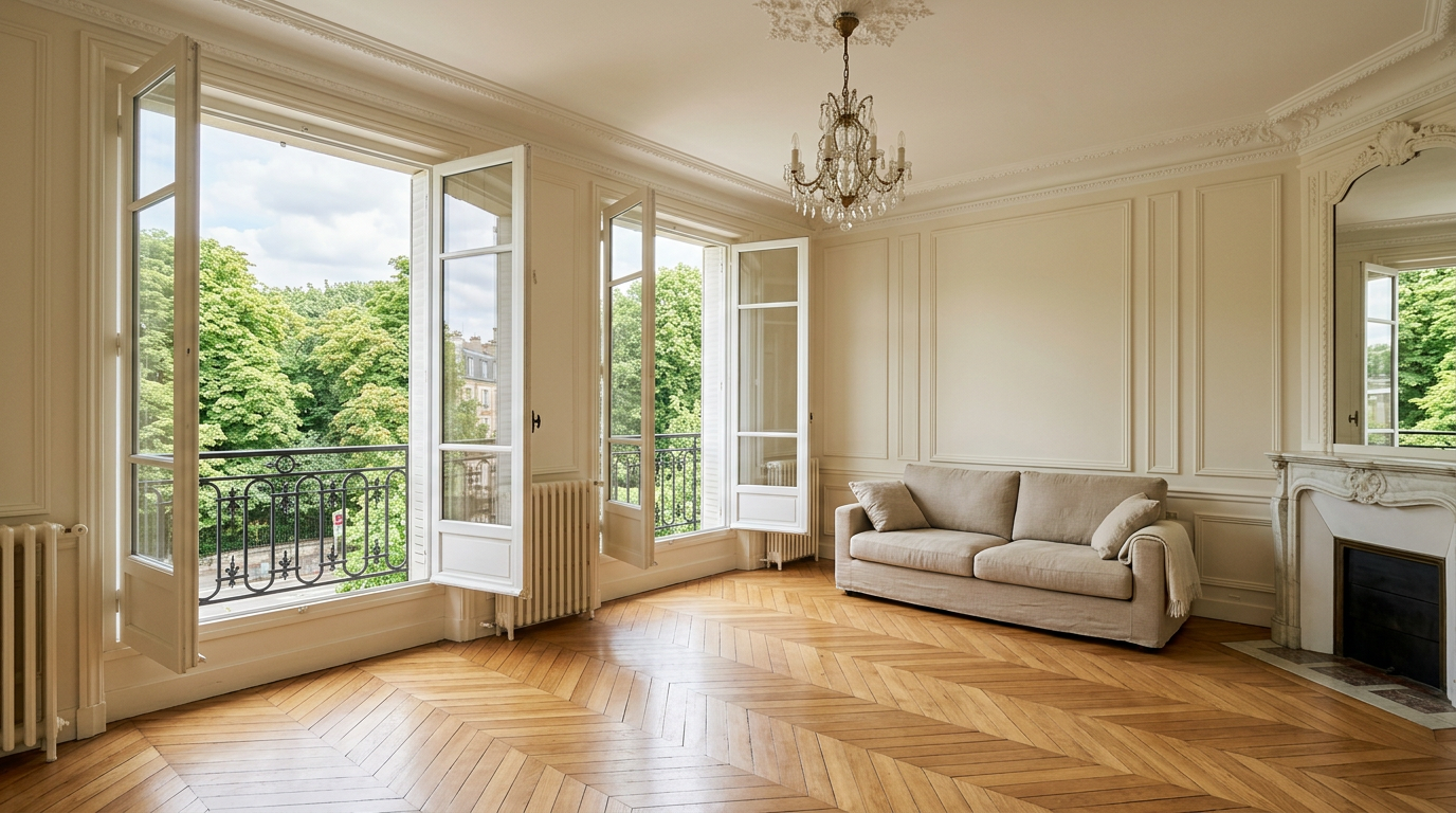 Salon rénové dans un appartement des années 1930 à Saint-Maurice, parquet et vue sur le bois de Vincennes