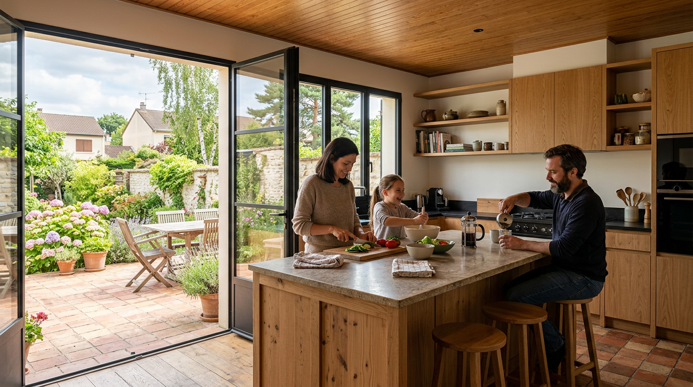 Cuisine familiale rénovée dans un lotissement de Maurepas, patio et maisons SQY
