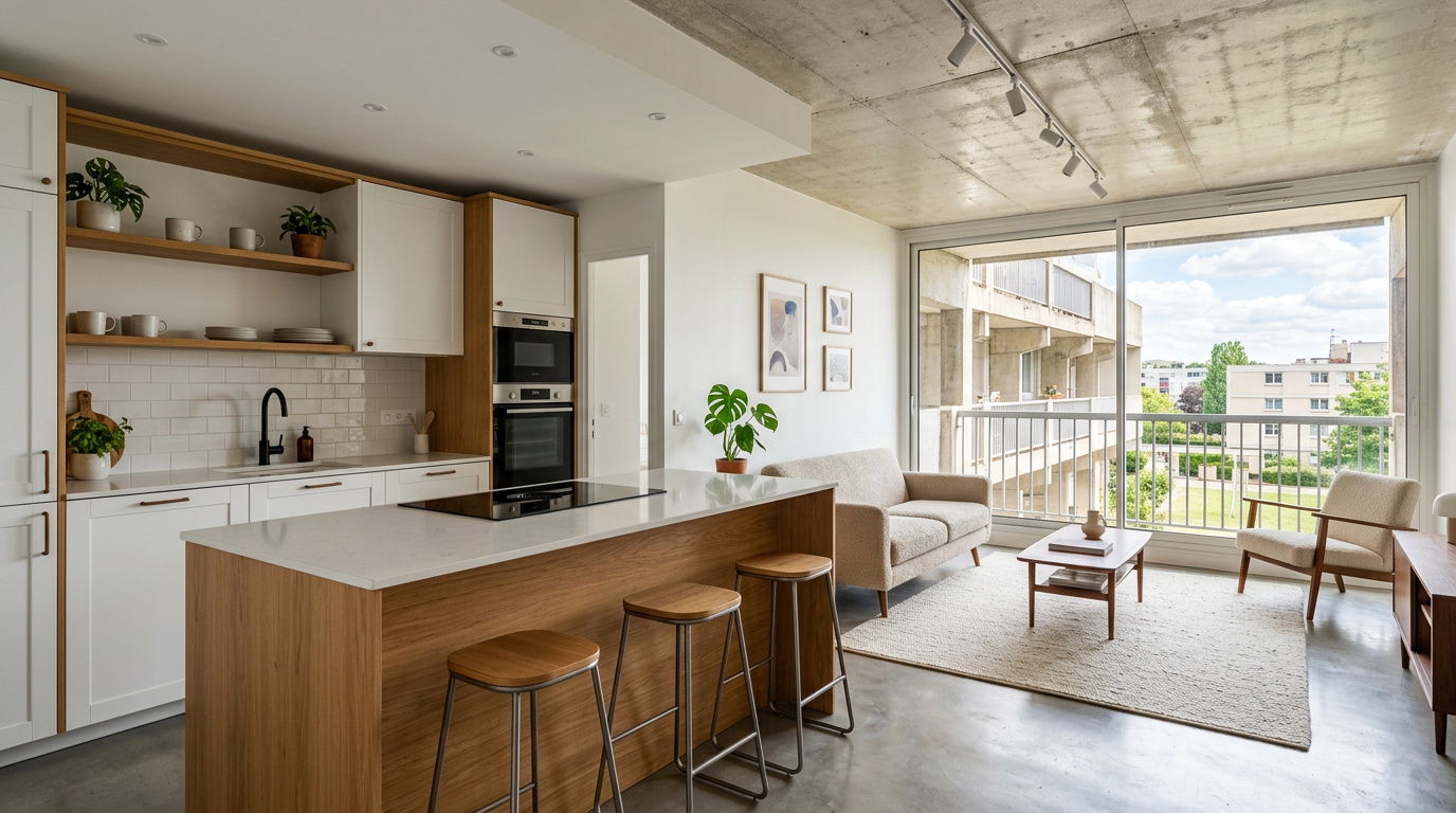 Appartement rénové à Trappes, îlot de cuisine et dalles de ville nouvelle