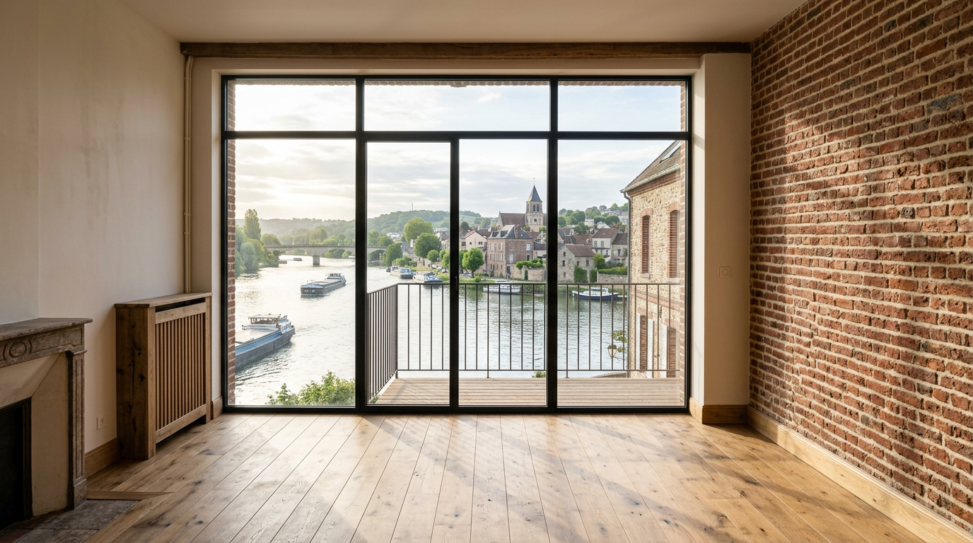 Salon rénové dans une maison de rive à Conflans-Sainte-Honorine, vue vers la confluence