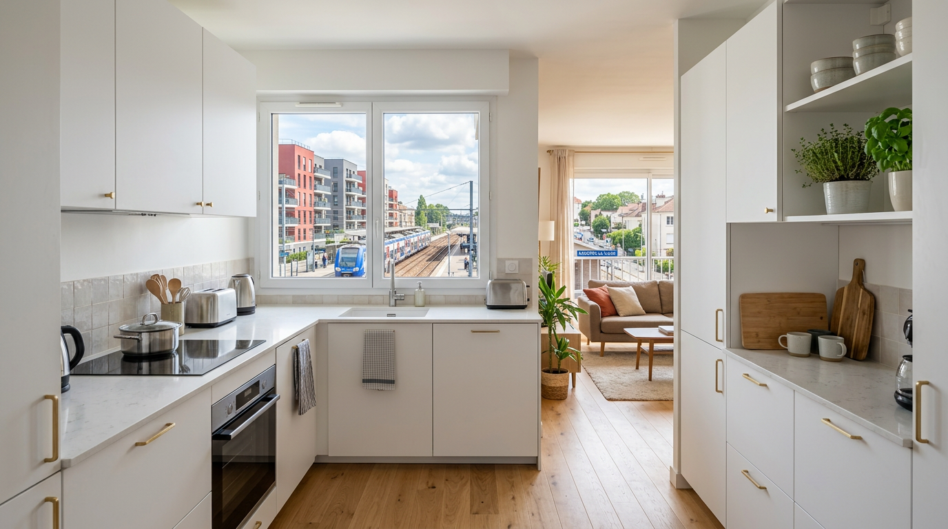 Cuisine rénovée dans une copropriété de Mantes-la-Ville, ZAC et gare visibles
