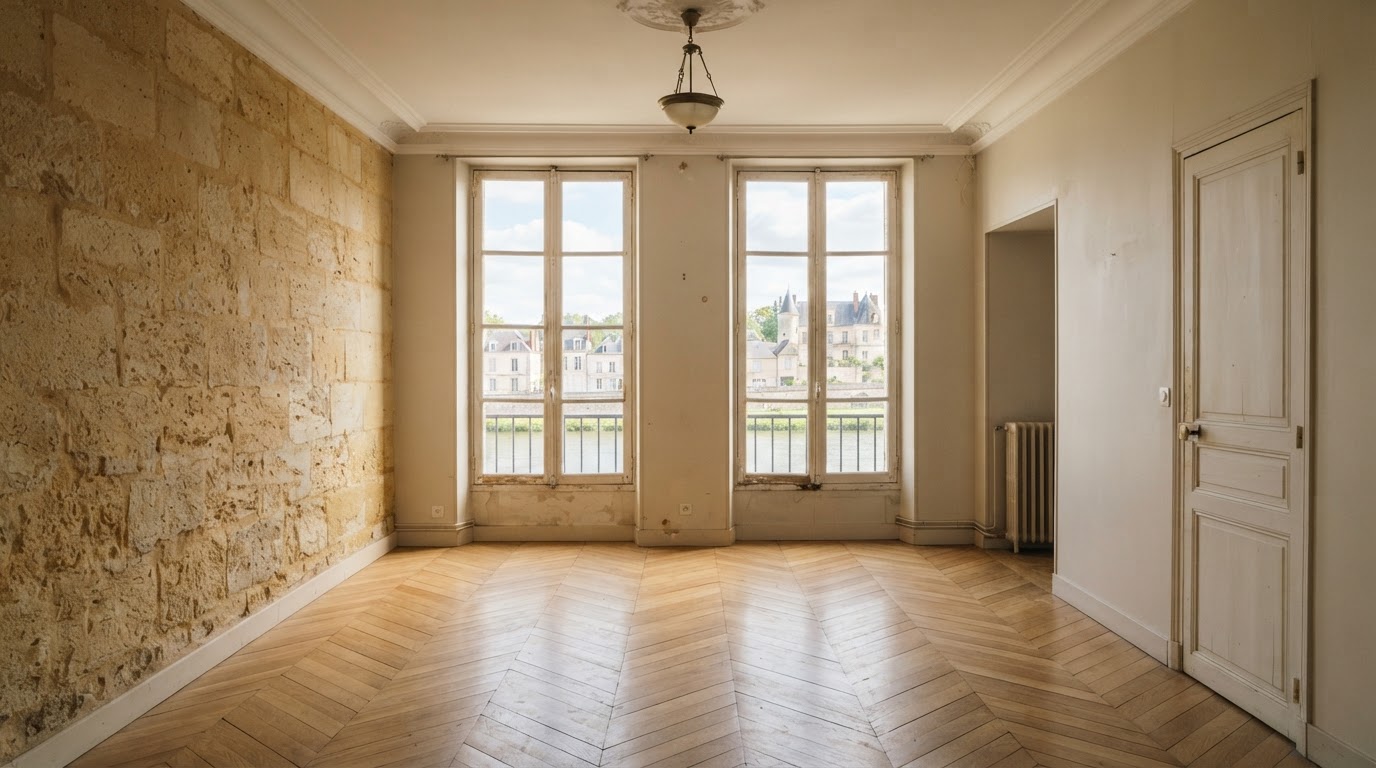 Appartement rénové à Nemours, parquet clair et fenêtres sur la lumière du Loing