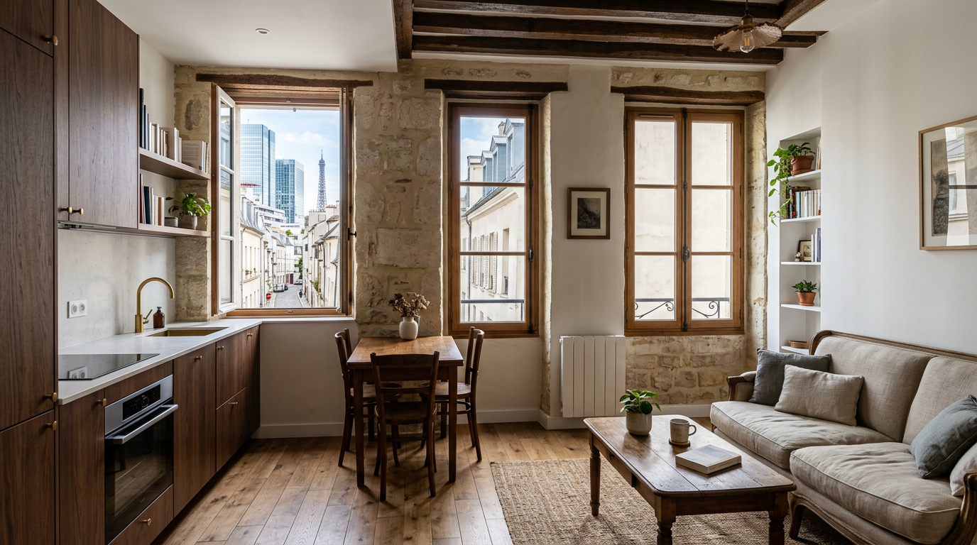 Séjour rénové dans un appartement du vieux village d'Issy-les-Moulineaux, cuisine ouverte