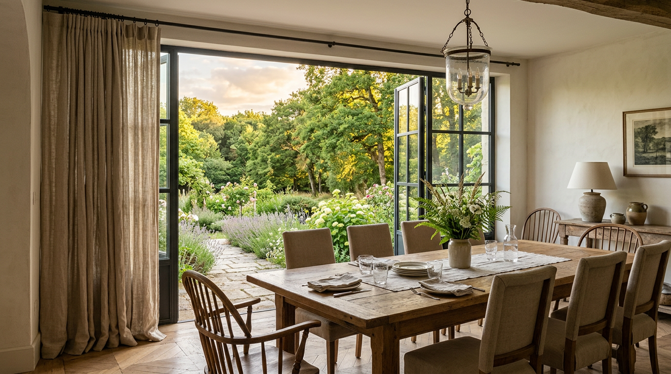 Salle à manger rénovée à Montgeron, ouverture sur jardin face à la forêt de Sénart