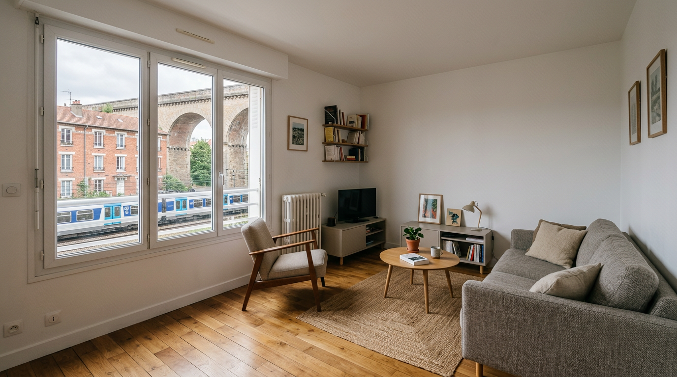 Séjour rénové dans une copropriété d'Arcueil, parquet et façades de première couronne
