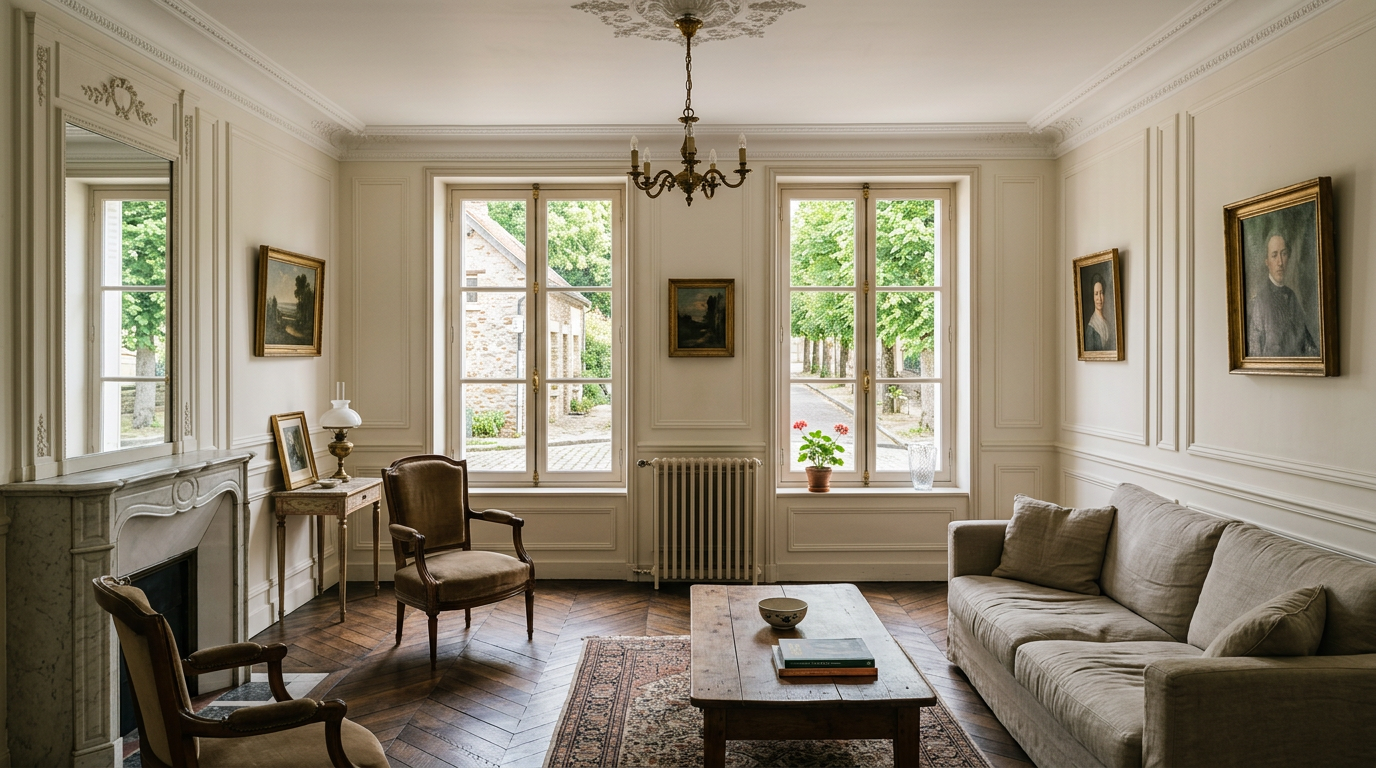 Salon rénové à Saint-Leu-la-Forêt, moulures ivoire et parquet chêne