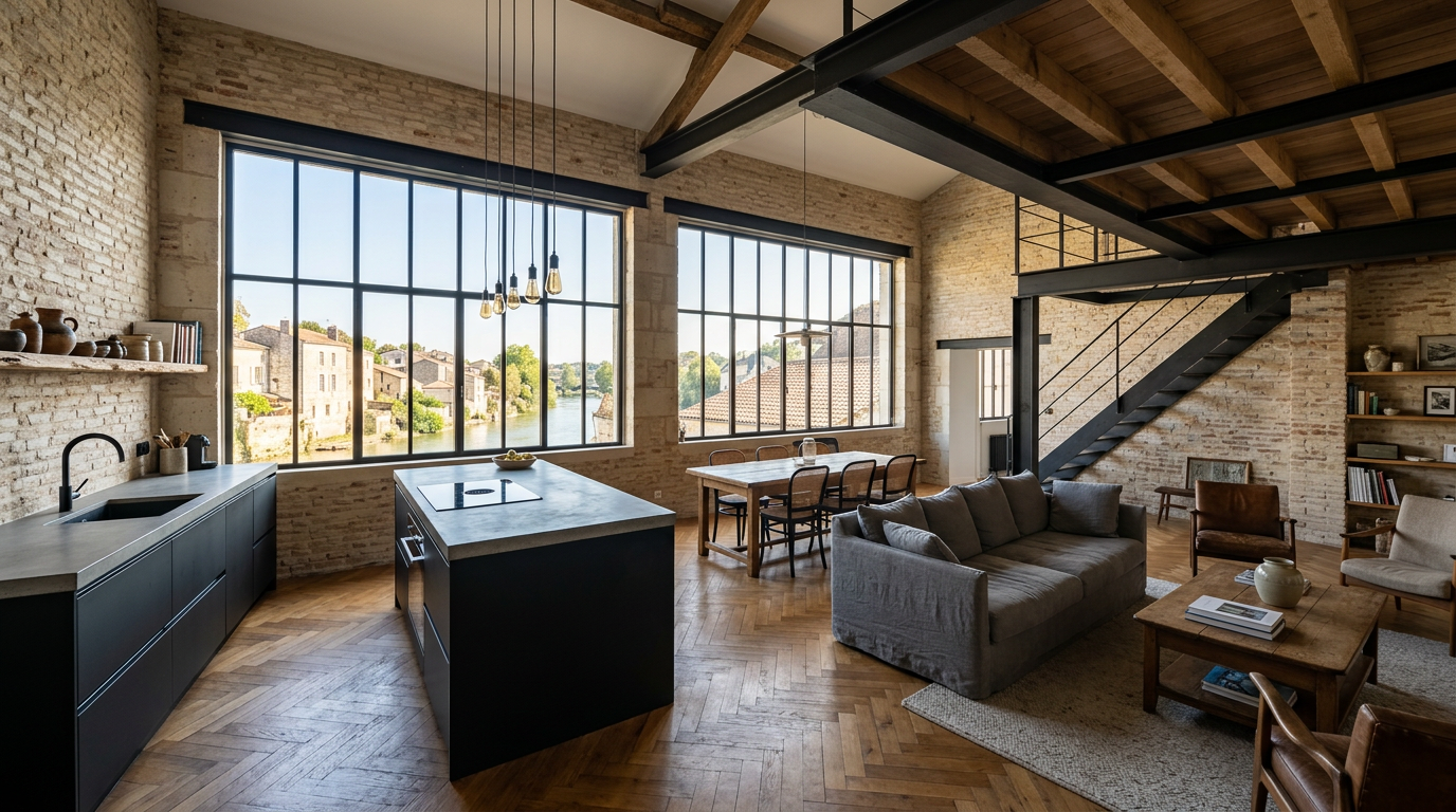 Cuisine-séjour rénovée dans un loft d'ancienne usine à Poissy, brique et parquet