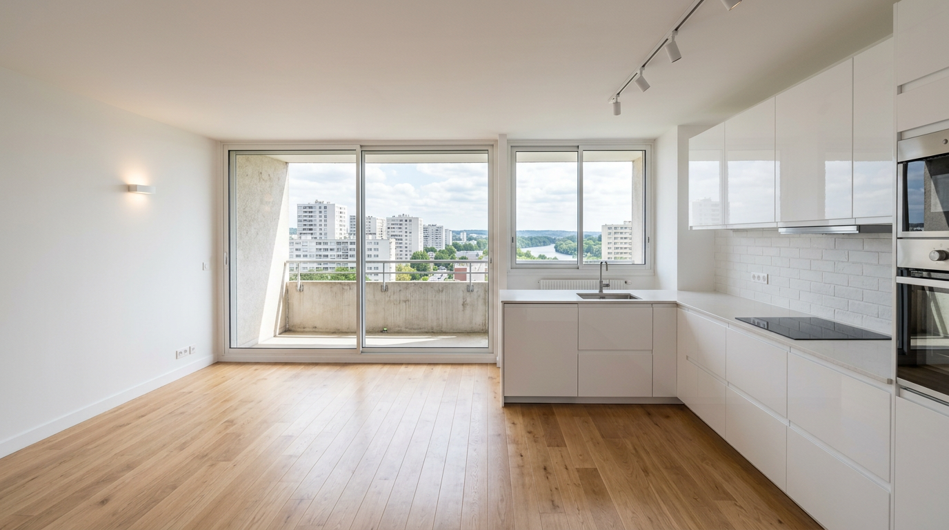 Cuisine ouverte rénovée dans un appartement des Mureaux, balcon et lumière du jour