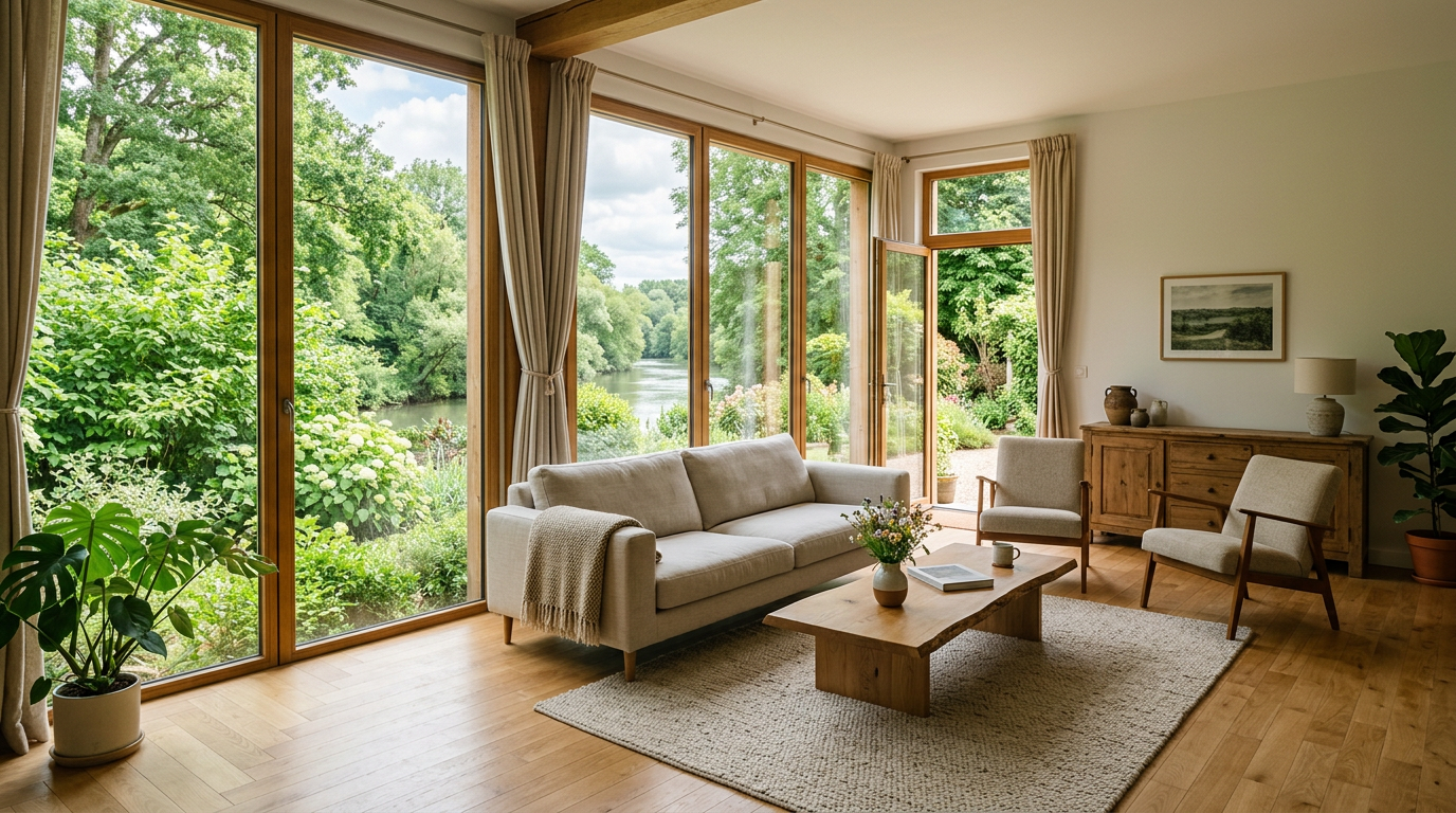 Séjour rénové dans une maison près de la Marne à Bry-sur-Marne, parquet clair et jardin