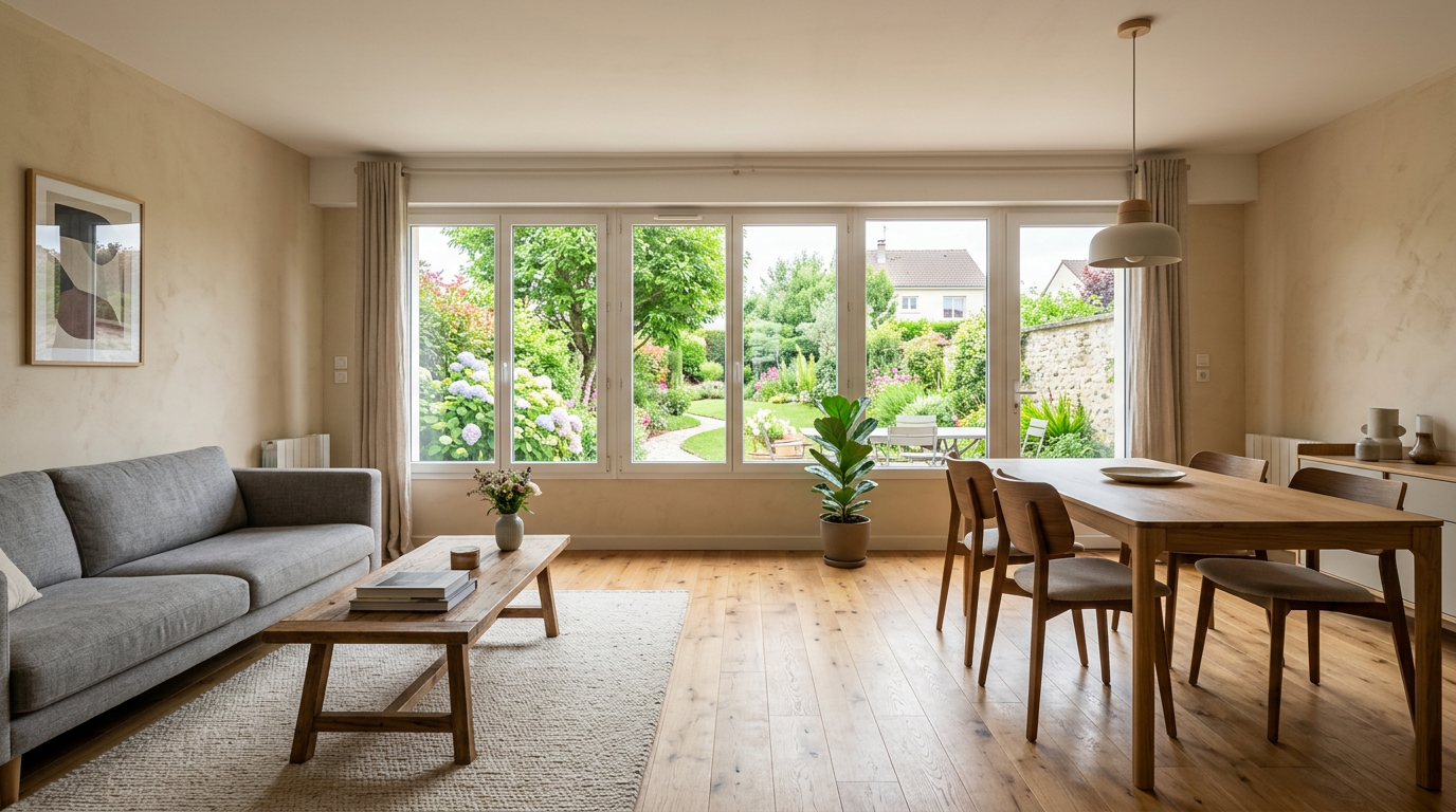 Séjour-salle à manger rénové dans une maison à Osny, parquet et fenêtre sur jardin