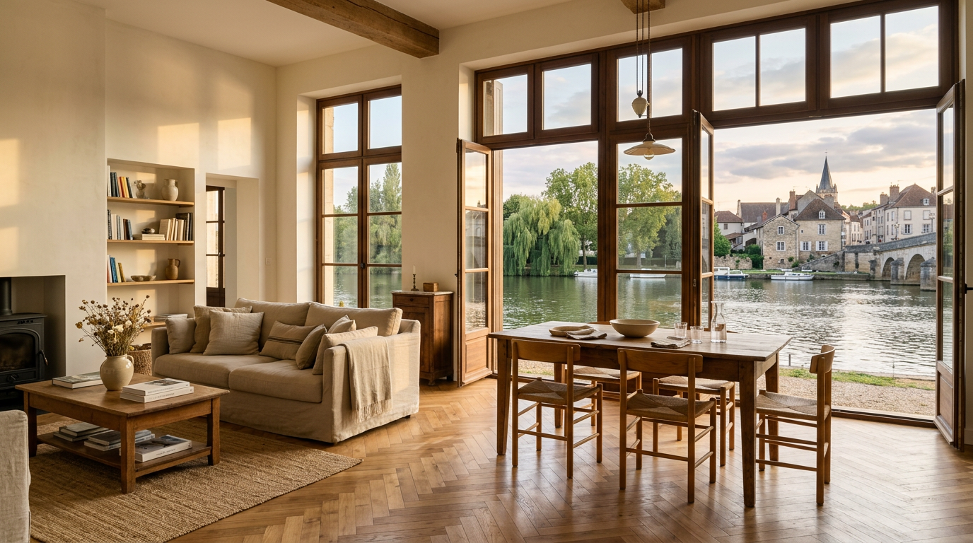 Séjour rénové dans une maison de berge à Neuilly-sur-Marne, parquet et vue arbres