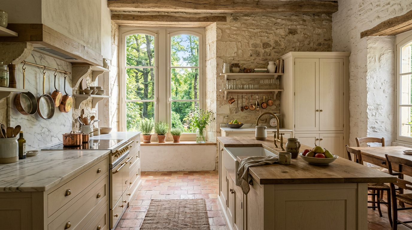 Cuisine rénovée dans une maison de pierre à Rambouillet, forêt visible par les fenêtres