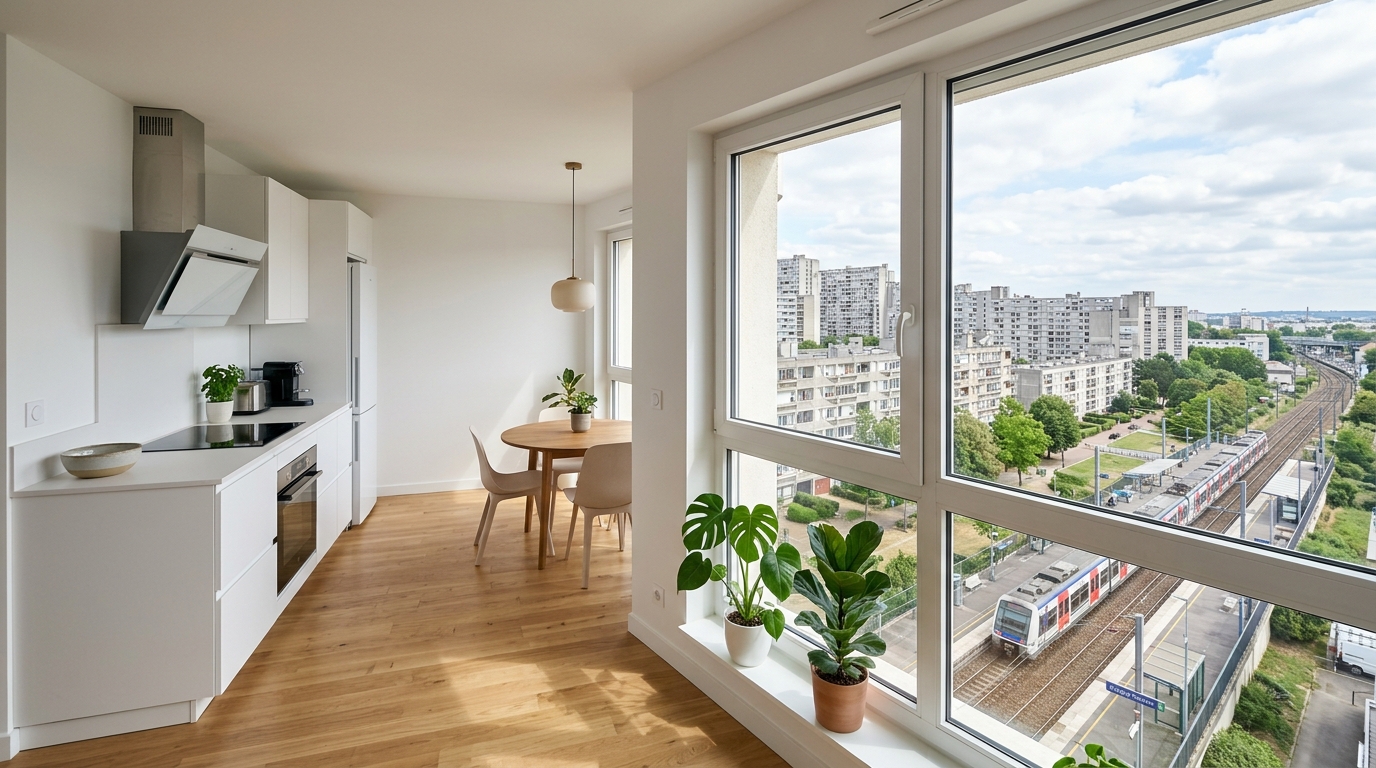 Cuisine moderne rénovée dans un appartement de grand ensemble à Grigny