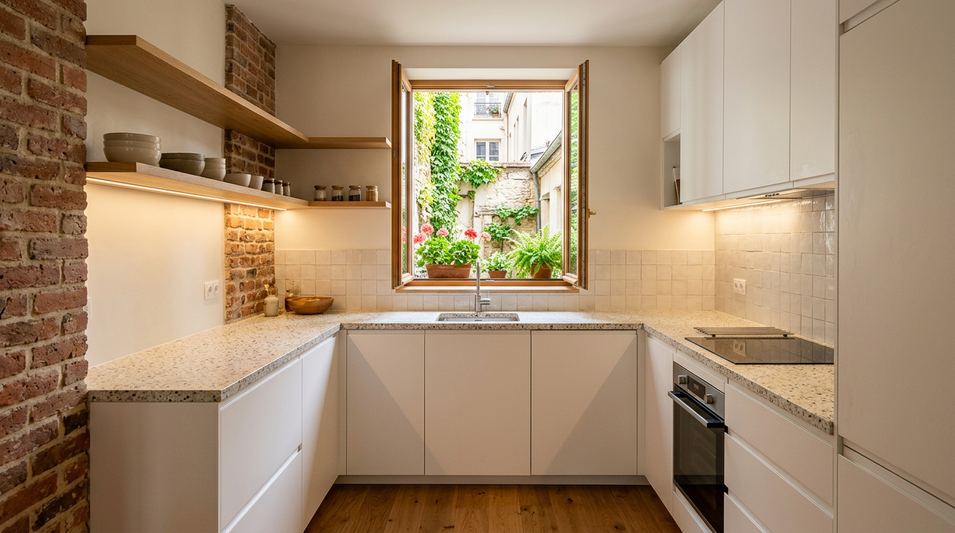 Petite cuisine rénovée dans un appartement en brique à Valenton, meubles blancs et plan de travail terrazzo