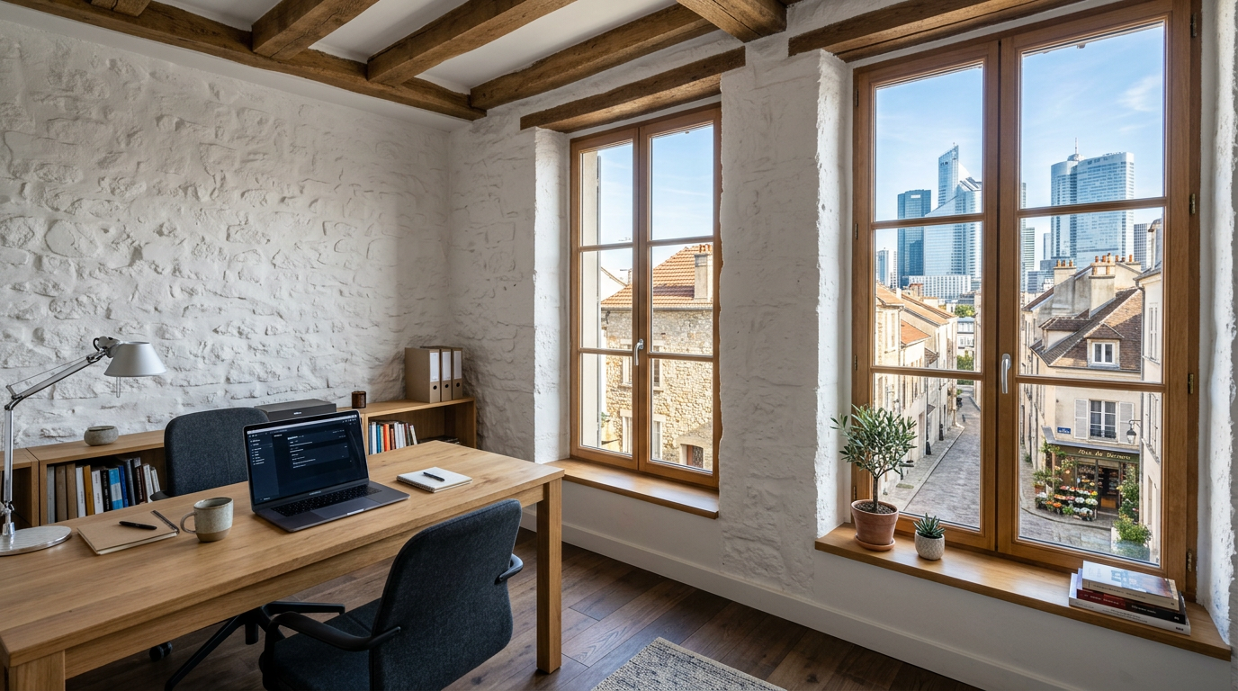 Bureau rénové à Courbevoie avec vue vers La Défense