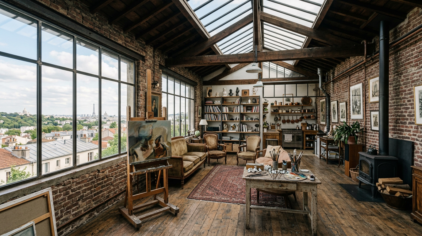 Loft d'atelier rénové à Montreuil, brique et bois, lumière du nord