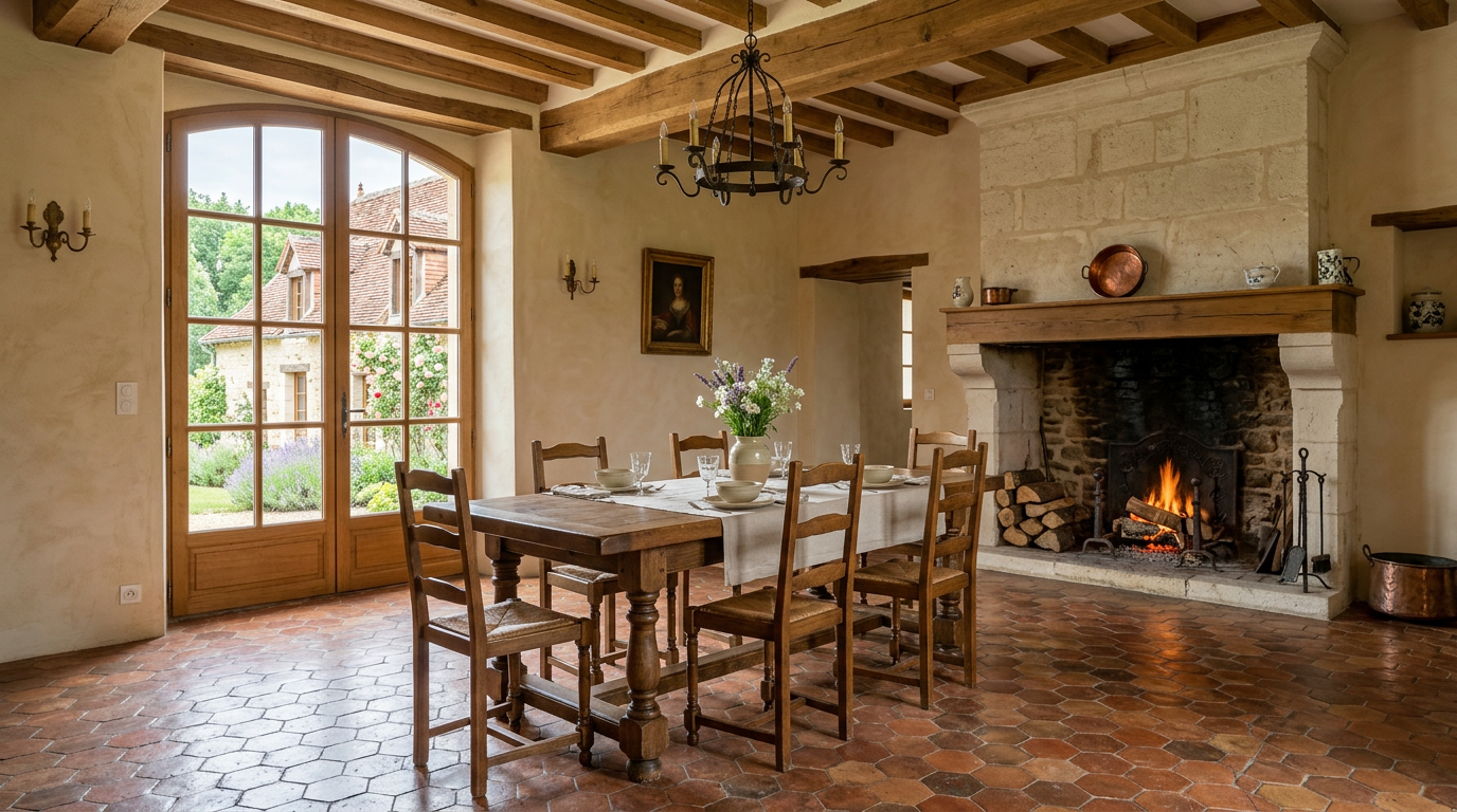 Salle à manger rénovée dans une maison individuelle de Savigny-sur-Orge, tomettes et cheminée