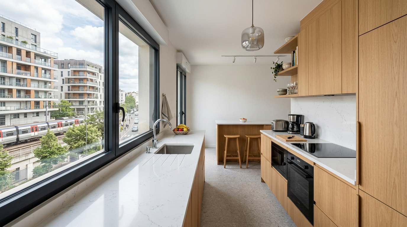 Cuisine moderne rénovée dans un appartement campus à Champs-sur-Marne, architecture contemporaine