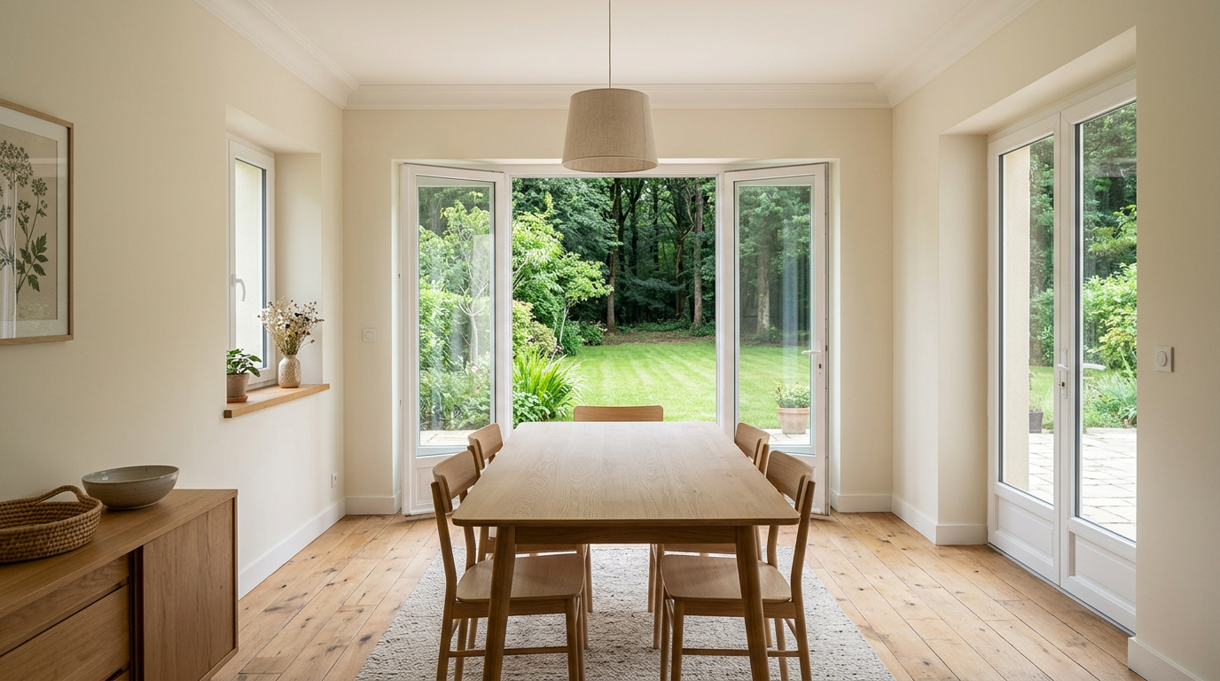 Salle à manger rénovée dans un pavillon de lisière à Saint-Brice-sous-Forêt, portes-fenêtres sur jardin
