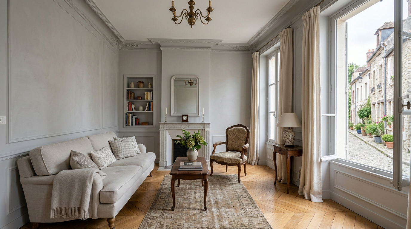 Séjour rénové dans une maison de ville à Viroflay, moulures et parquet